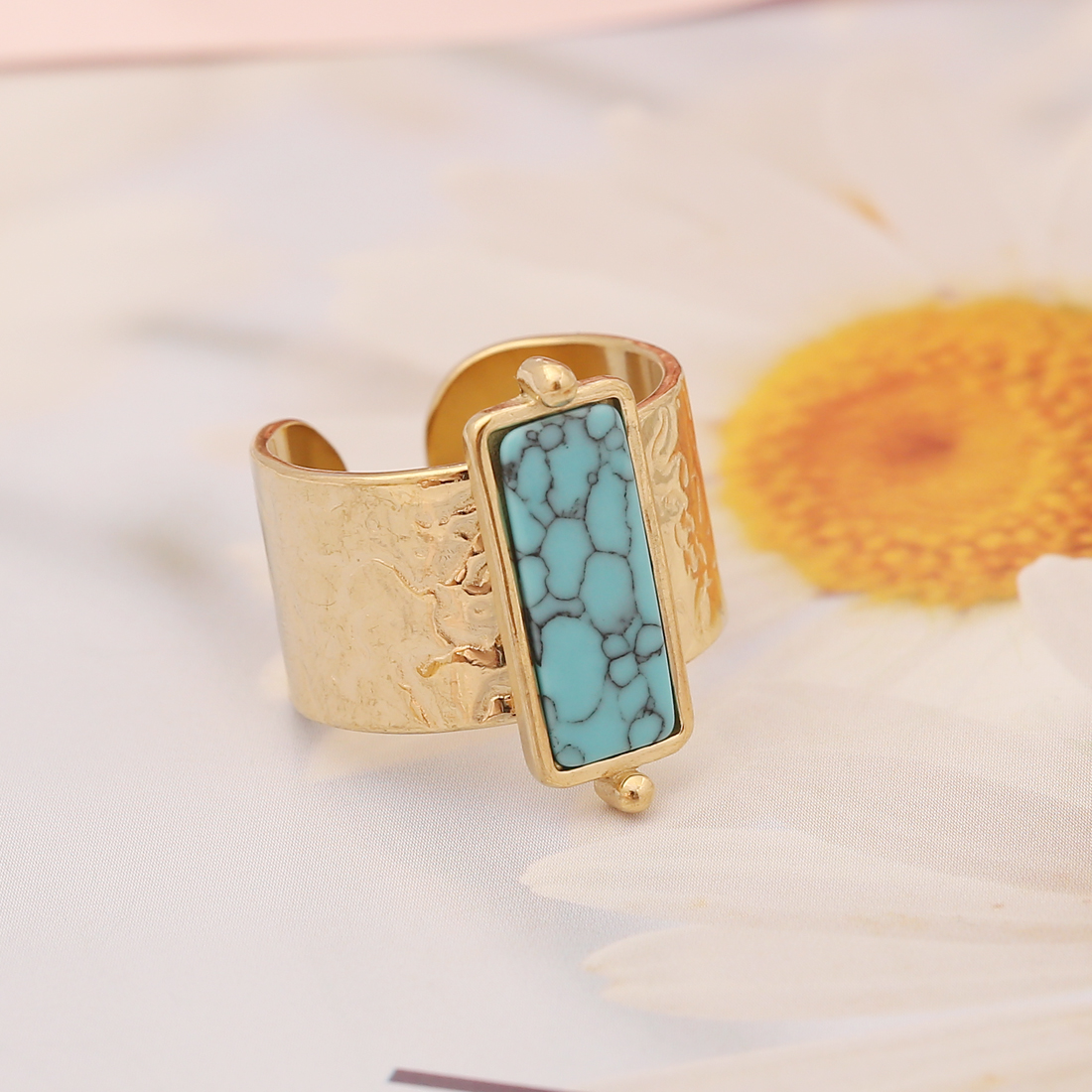 Stainless Steel 18K Gold Plated Fashion Inlay Asymmetrical Dress Turquoise Rings display picture 7