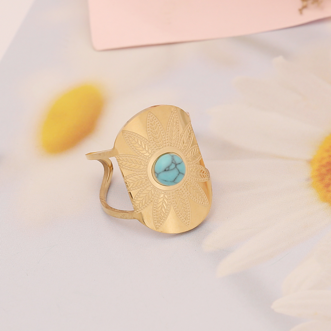 Stainless Steel 18K Gold Plated Fashion Inlay Asymmetrical Dress Turquoise Rings display picture 16