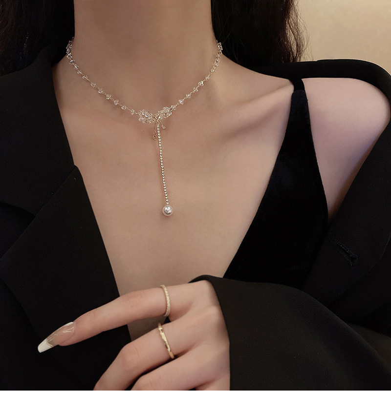 Mode Bogenknoten Rostfreier Stahl Halskette Kristall Künstliche Perle Edelstahl Halsketten display picture 1