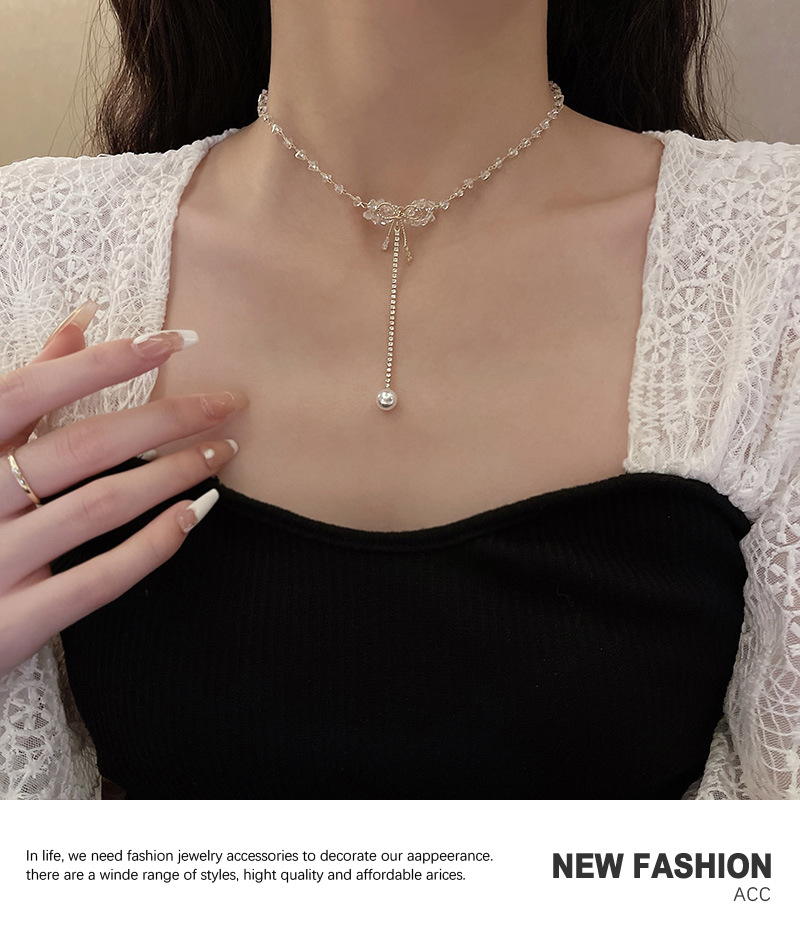 Mode Bogenknoten Rostfreier Stahl Halskette Kristall Künstliche Perle Edelstahl Halsketten display picture 3
