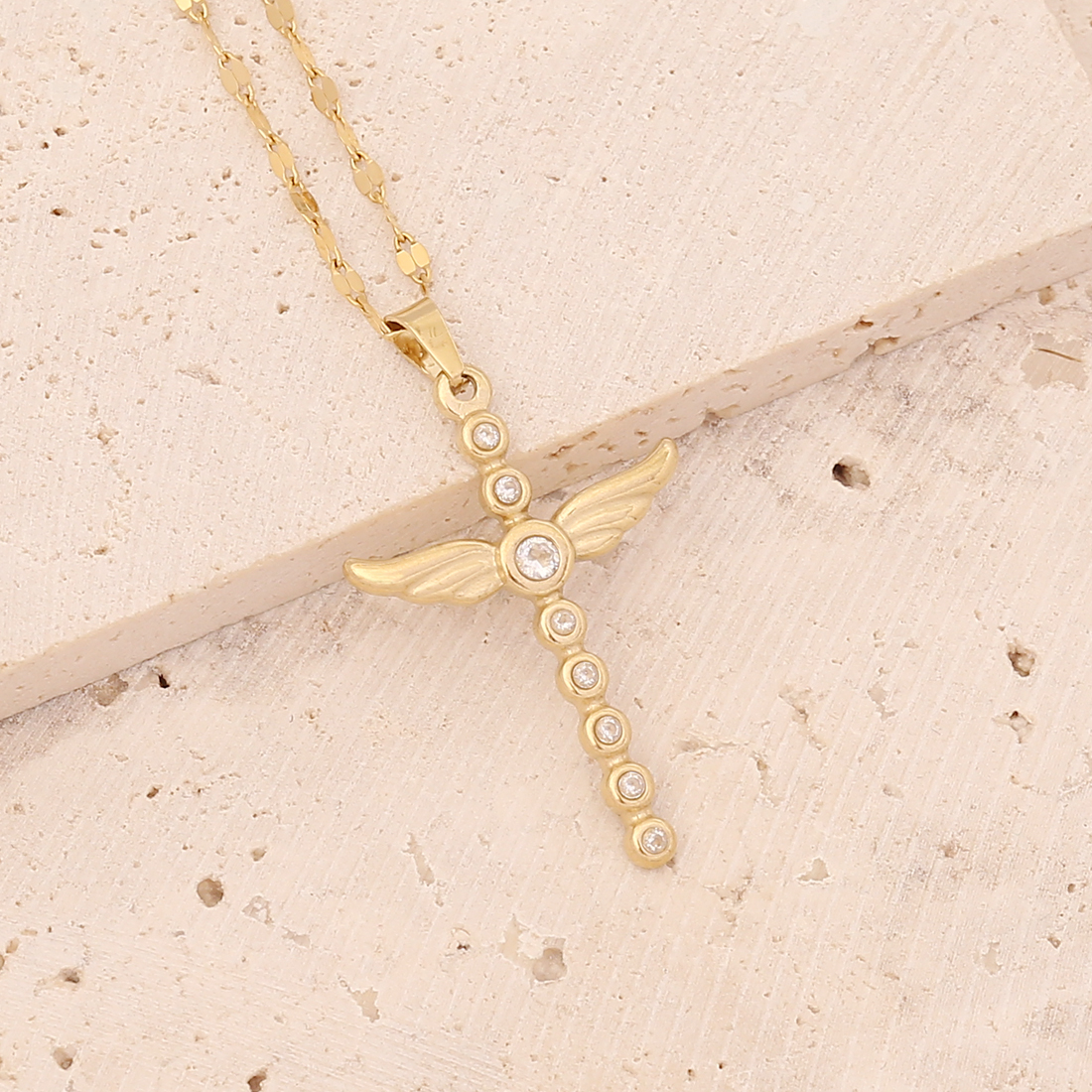 Stainless Steel 18K Gold Plated Fashion Inlaid Zircon Cross Wings Zircon Pendant Necklace display picture 7
