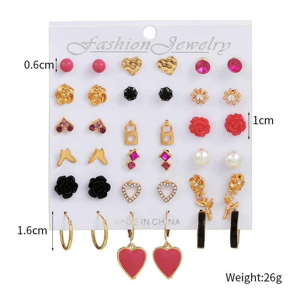 Cute Heart Shape Rose Alloy Artificial Rhinestones Ear Studs 1 Set display picture 2