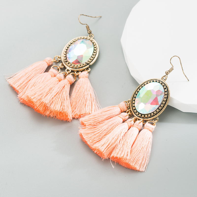 1 Pair Retro Ethnic Style Oval Tassel Tassel Plating Inlay Alloy Glass Drop Earrings display picture 3