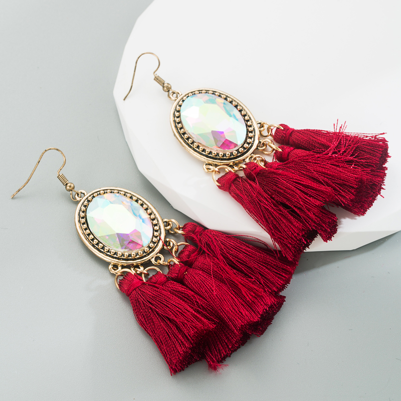 1 Pair Retro Ethnic Style Oval Tassel Tassel Plating Inlay Alloy Glass Drop Earrings display picture 8