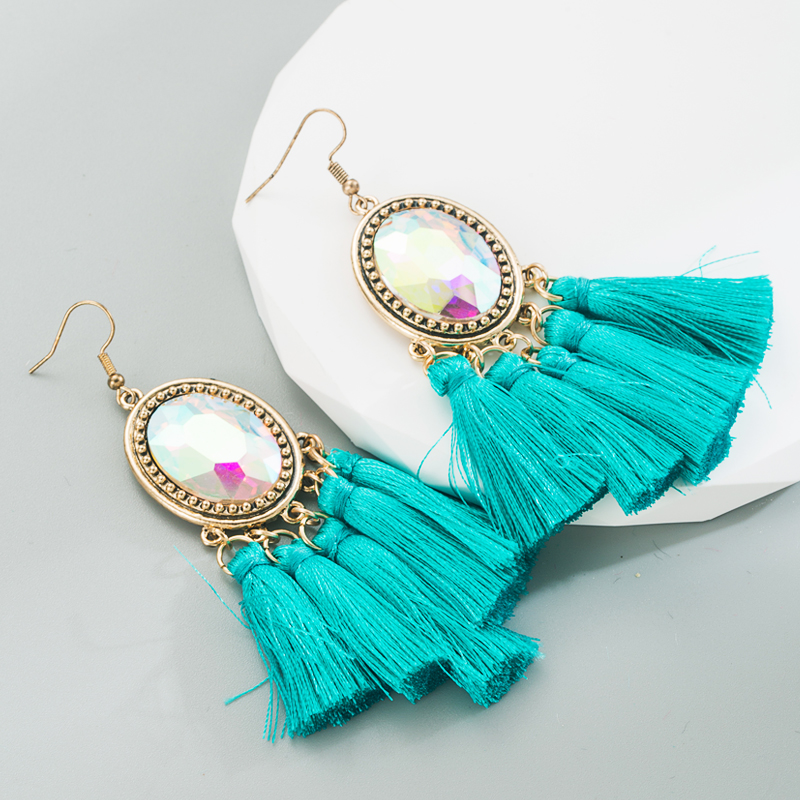 1 Pair Retro Ethnic Style Oval Tassel Tassel Plating Inlay Alloy Glass Drop Earrings display picture 4