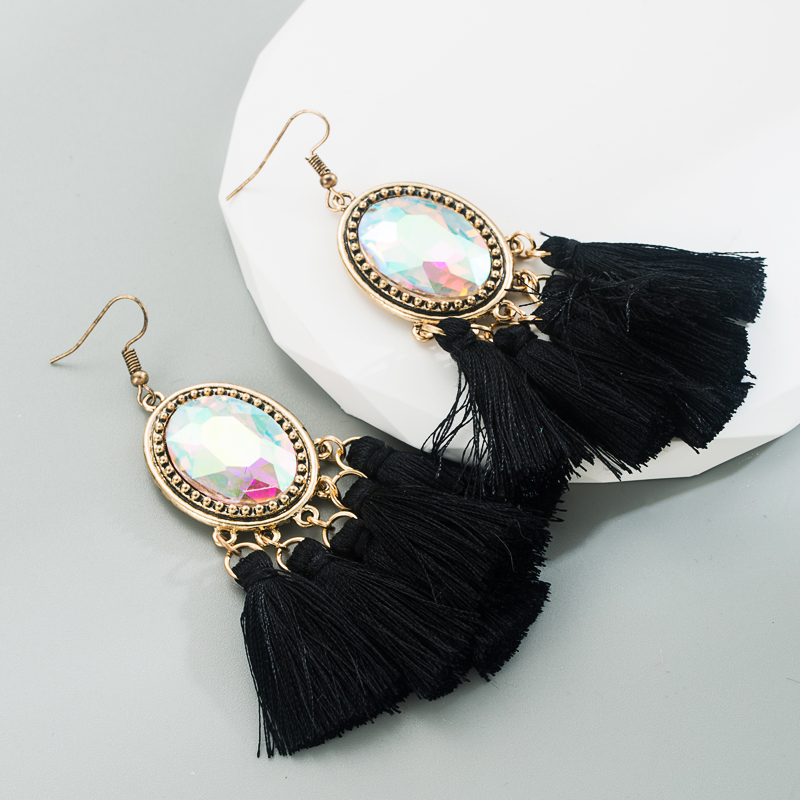 1 Pair Retro Ethnic Style Oval Tassel Tassel Plating Inlay Alloy Glass Drop Earrings display picture 6