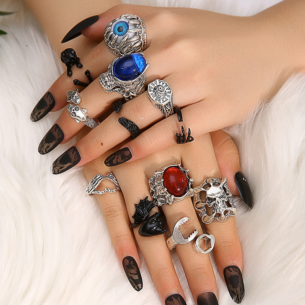 Punk Skull Alloy Plating Artificial Gemstones Rings 12 Pieces display picture 1