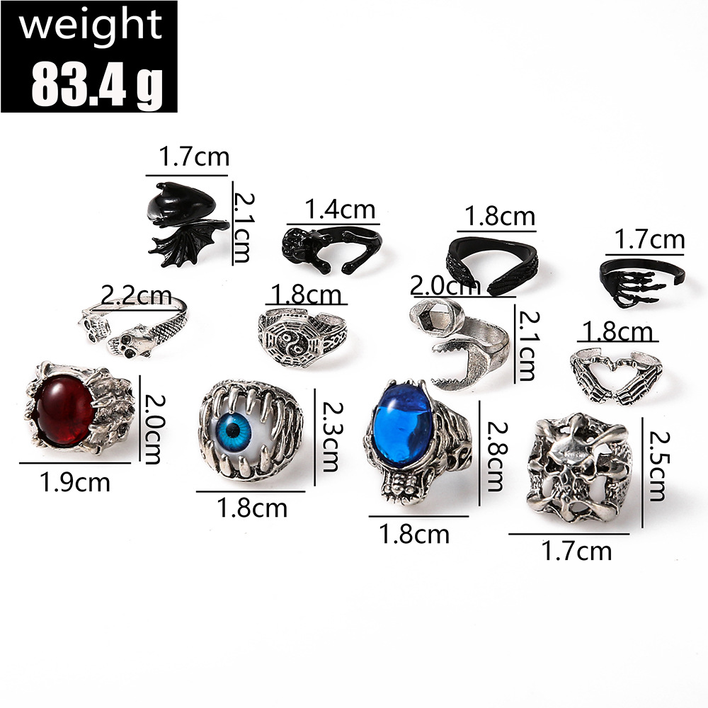 Punk Skull Alloy Plating Artificial Gemstones Rings 12 Pieces display picture 2