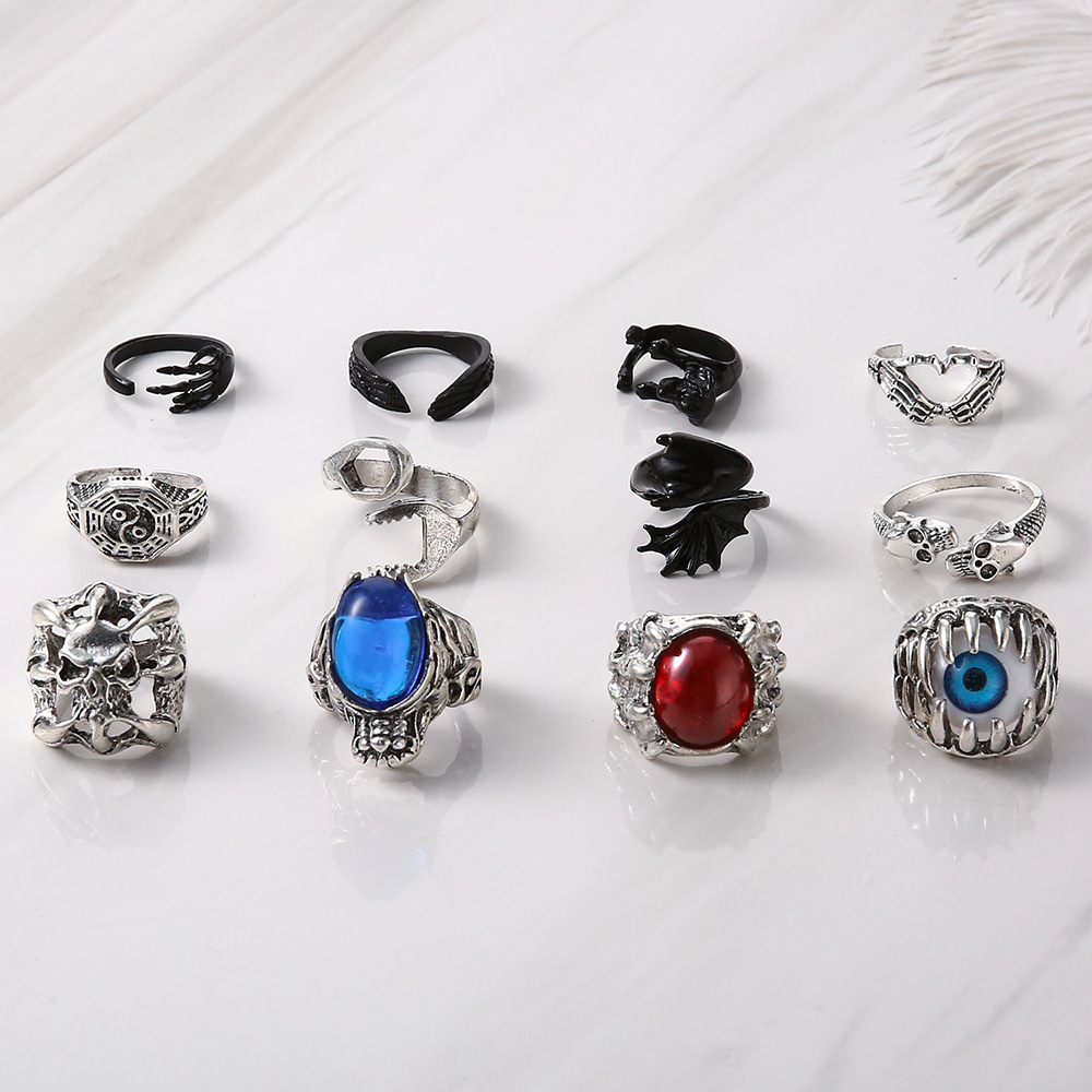 Punk Skull Alloy Plating Artificial Gemstones Rings 12 Pieces display picture 3