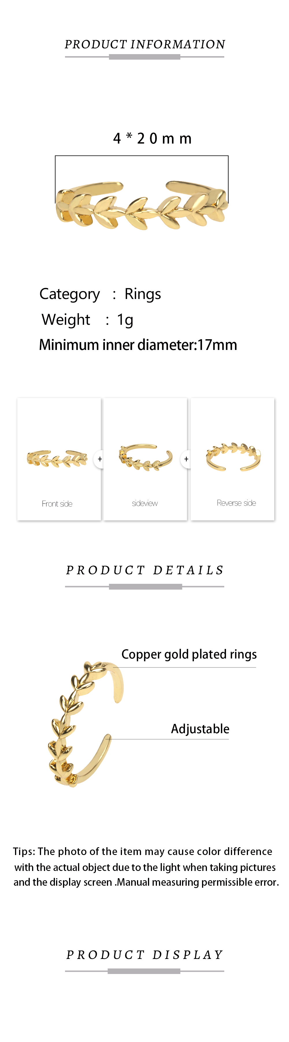 Mode Blätter Kupfer Offener Ring Kupfer Ringe display picture 1