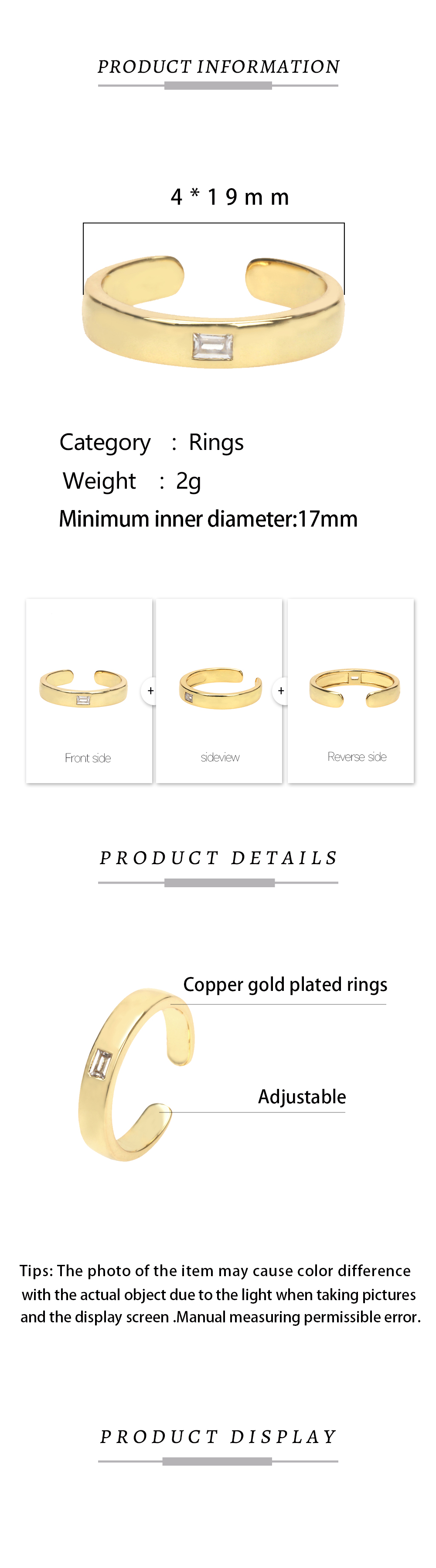 Fashion Triangle Rectangle Copper Open Ring Inlay Zircon Copper Rings display picture 1