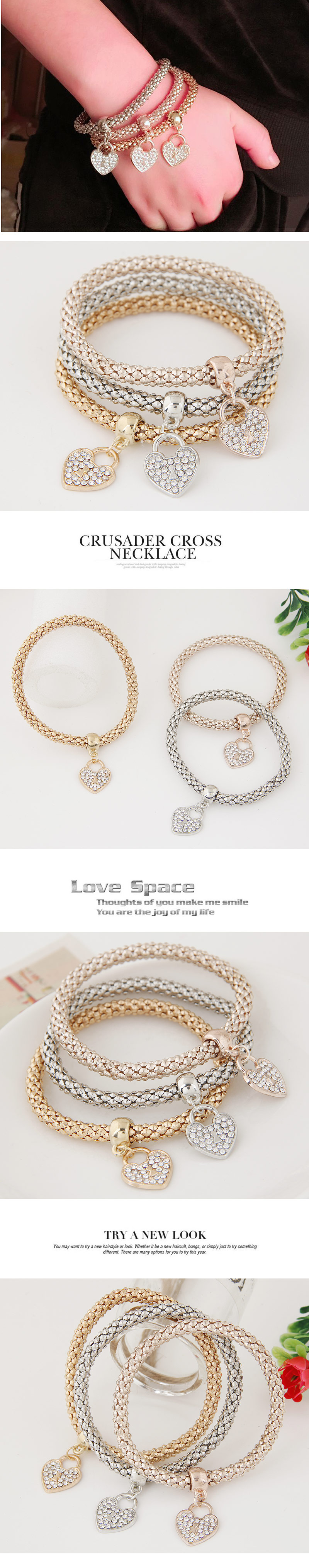 Fashion Heart Shape Alloy Bracelets Layered Diamond Rhinestone Copper Bracelets display picture 1