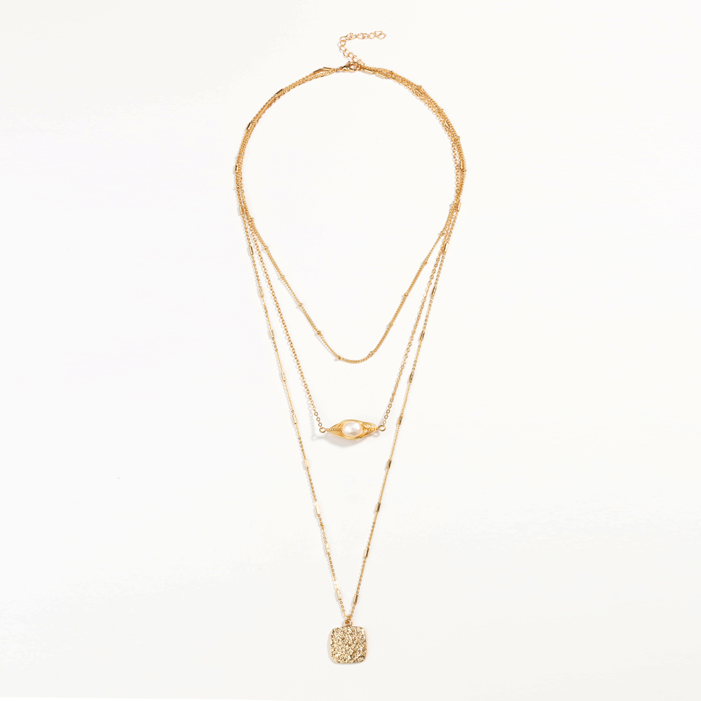 Fashion Simple Retro Natural Pearl Clavicle Chain Square Three-layer Alloy Necklace display picture 2