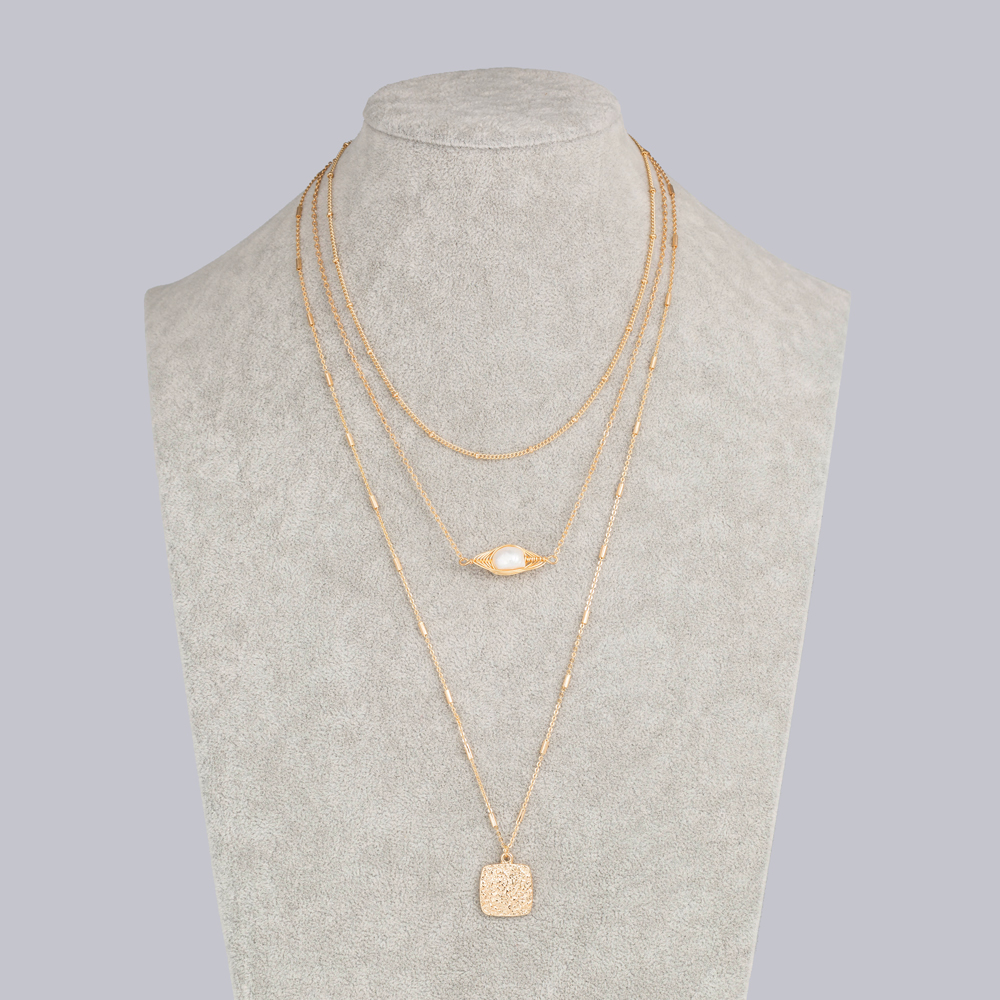 Fashion Simple Retro Natural Pearl Clavicle Chain Square Three-layer Alloy Necklace display picture 10