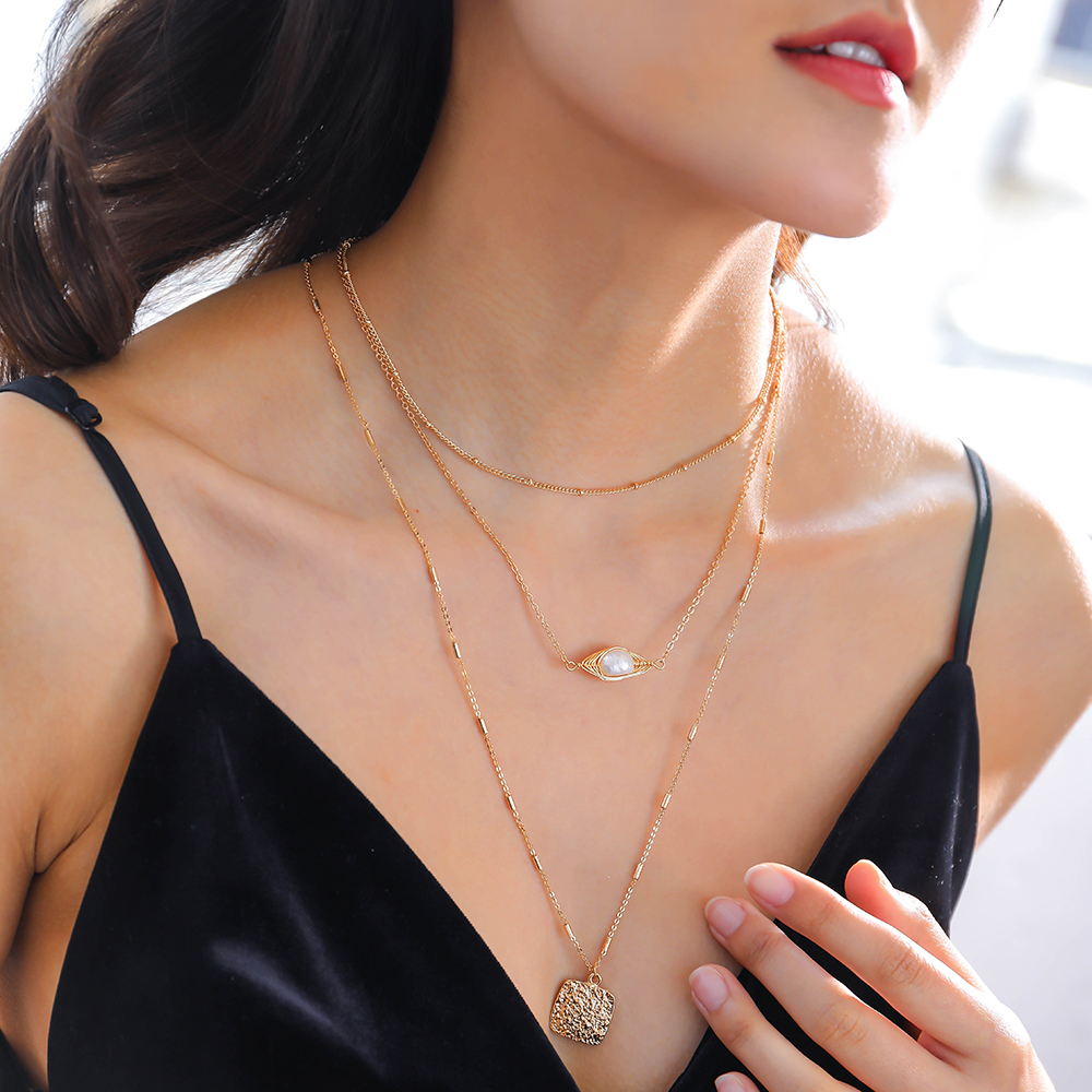 Fashion Simple Retro Natural Pearl Clavicle Chain Square Three-layer Alloy Necklace display picture 12