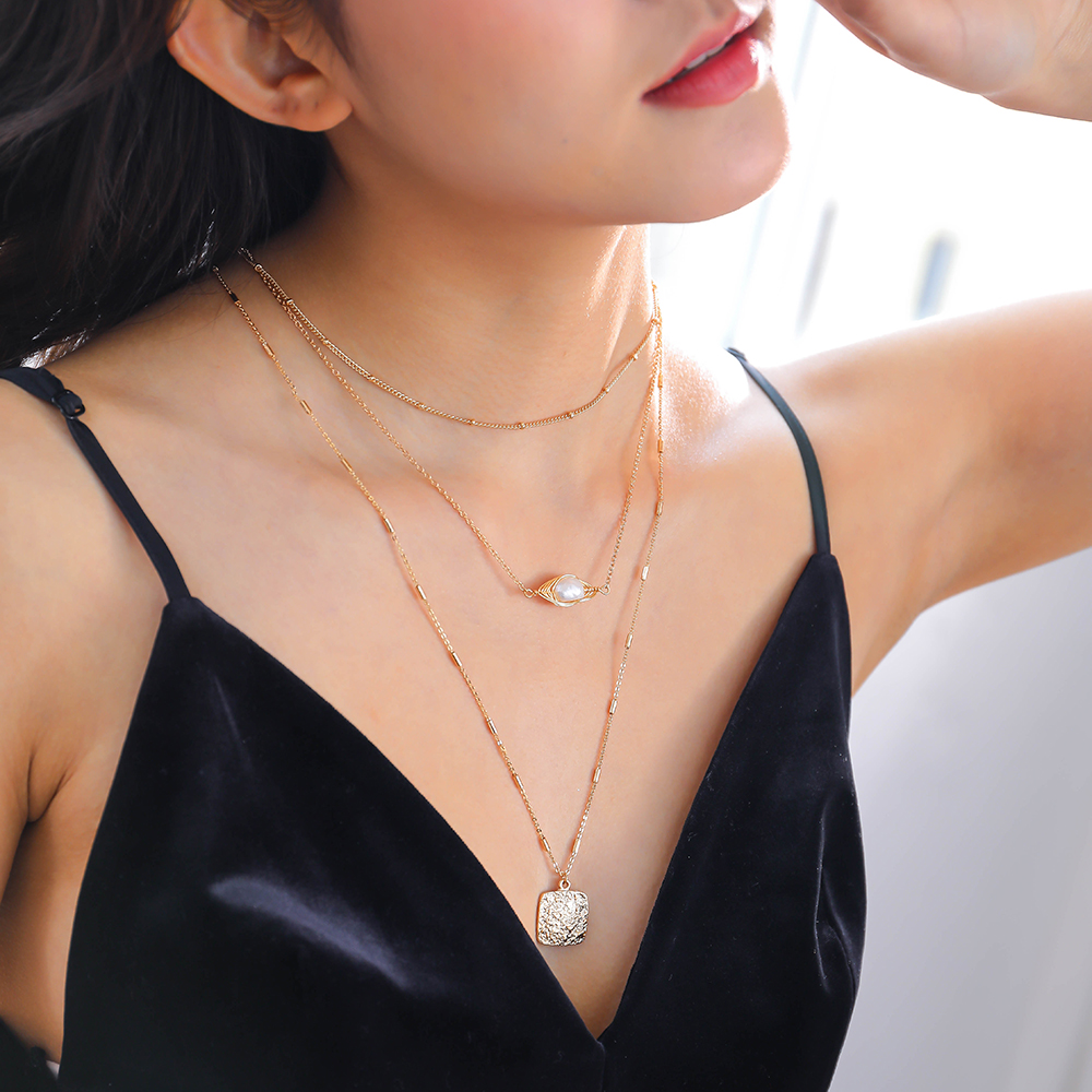Fashion Simple Retro Natural Pearl Clavicle Chain Square Three-layer Alloy Necklace display picture 11