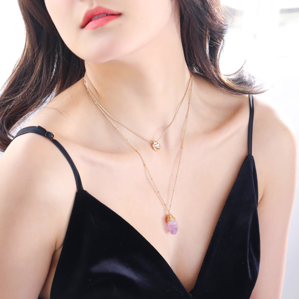 Simple Fashion Light Purple Natural Stone Pendant Multi-layer Alloy Necklace display picture 9