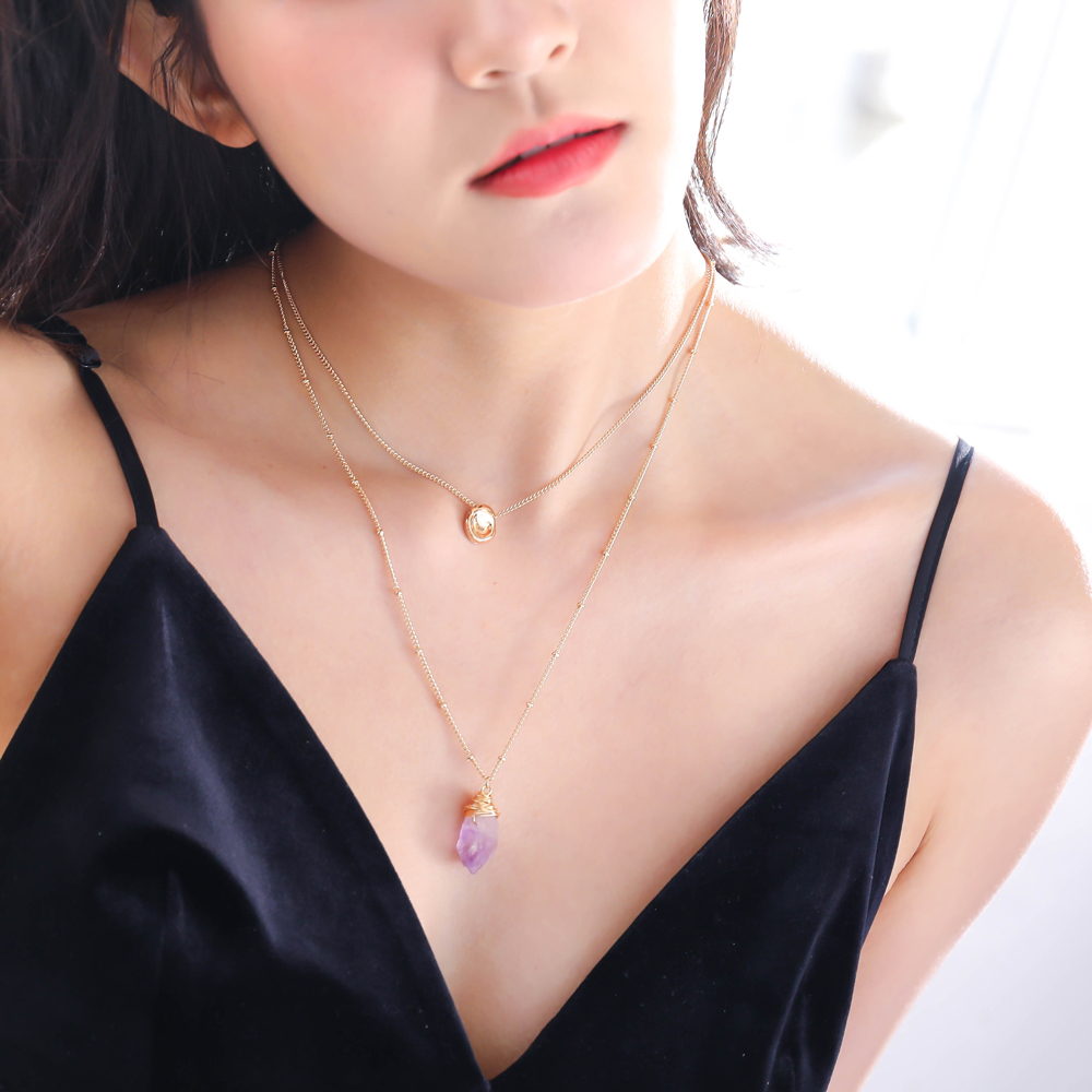 Simple Fashion Light Purple Natural Stone Pendant Multi-layer Alloy Necklace display picture 8