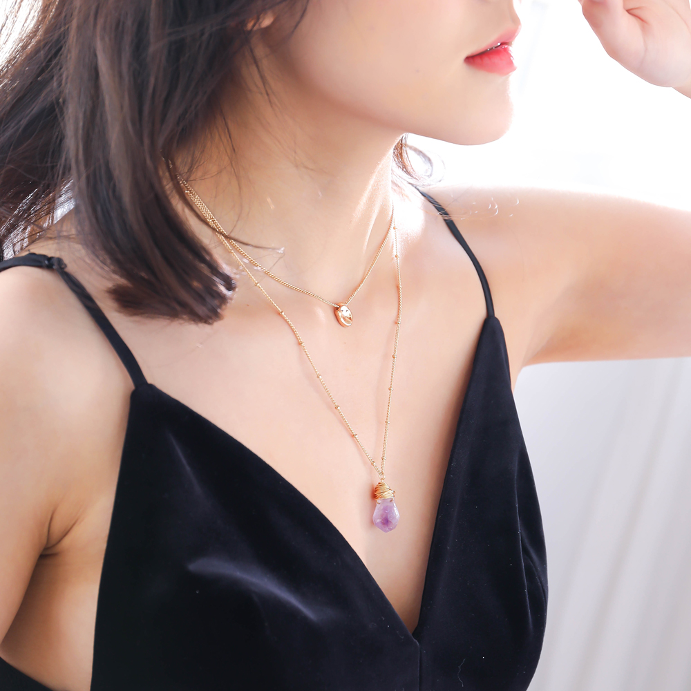 Einfache Mode Licht Lila Naturstein Anhänger Multi-schicht Legierung Halskette display picture 15