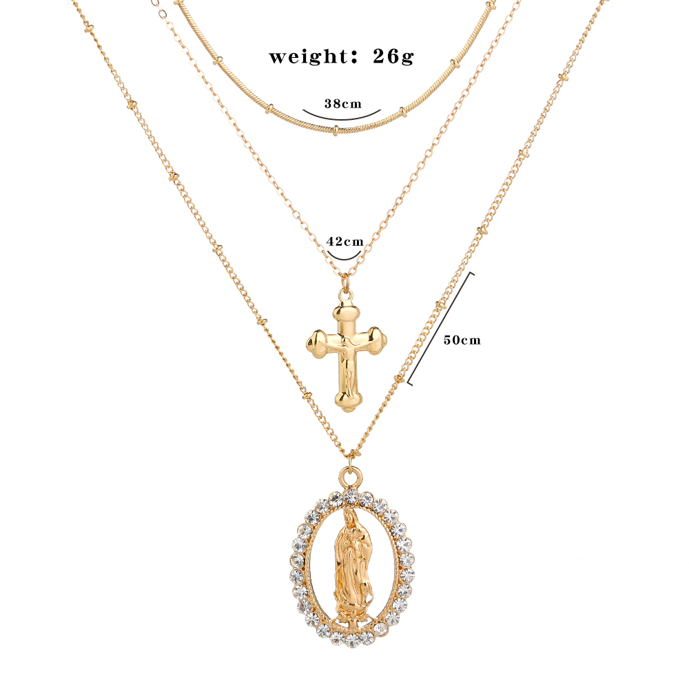 Fashion Retro Diamond-embedded Lady Cross Oval Pendant Multi-layer Alloy Necklace display picture 3