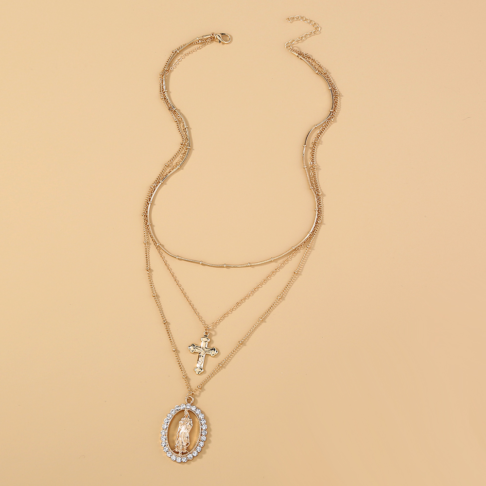 Mode Rétro Diamant-intégré Lady Croix Ovale Pendentif Multi-couche Alliage Collier display picture 5