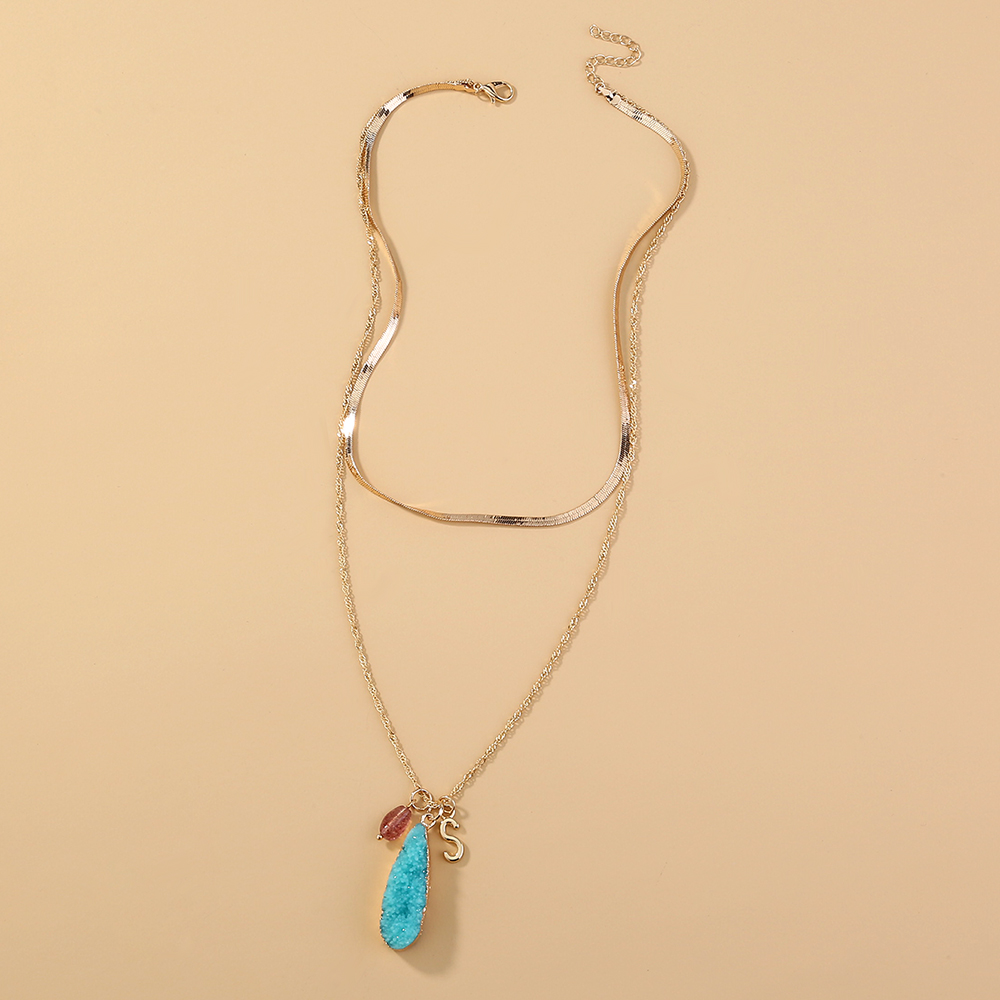 Simple Fashion Letter S Blue Natural Stone Imitated Drop Pendant Double Layer Alloy Necklace display picture 4