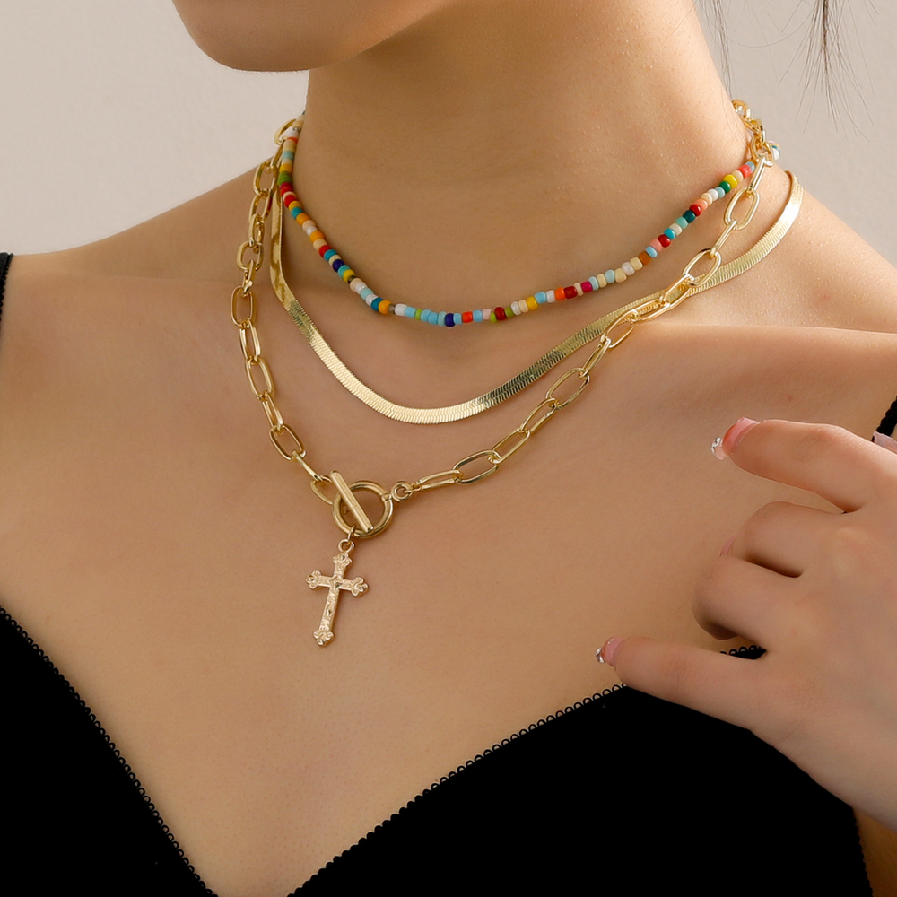 Fashion Elegant Gold Plated Colorful Beaded Cross Pendant Multi-layer Clavicle Chain Necklace display picture 2
