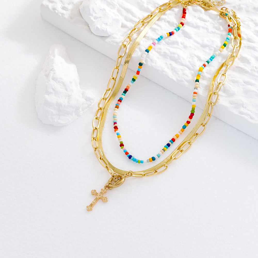 Fashion Elegant Gold Plated Colorful Beaded Cross Pendant Multi-layer Clavicle Chain Necklace display picture 3