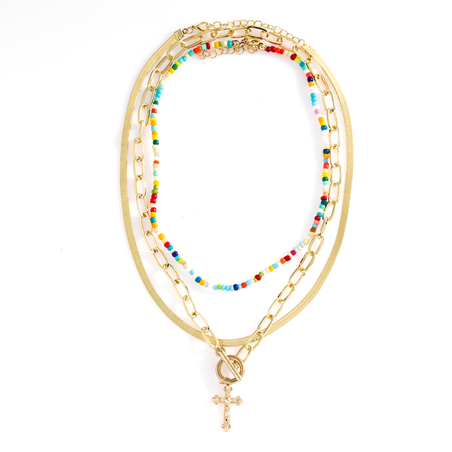 Fashion Elegant Gold Plated Colorful Beaded Cross Pendant Multi-layer Clavicle Chain Necklace display picture 4