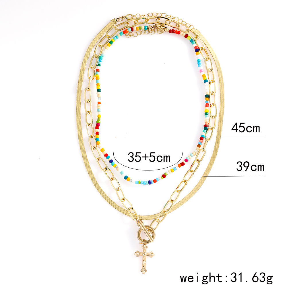 Fashion Elegant Gold Plated Colorful Beaded Cross Pendant Multi-layer Clavicle Chain Necklace display picture 5