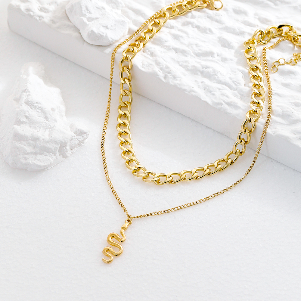 Mode Elegante Gold Überzogene Perle Schlange Anhänger Doppel-schicht Dicke Kette Halskette display picture 3