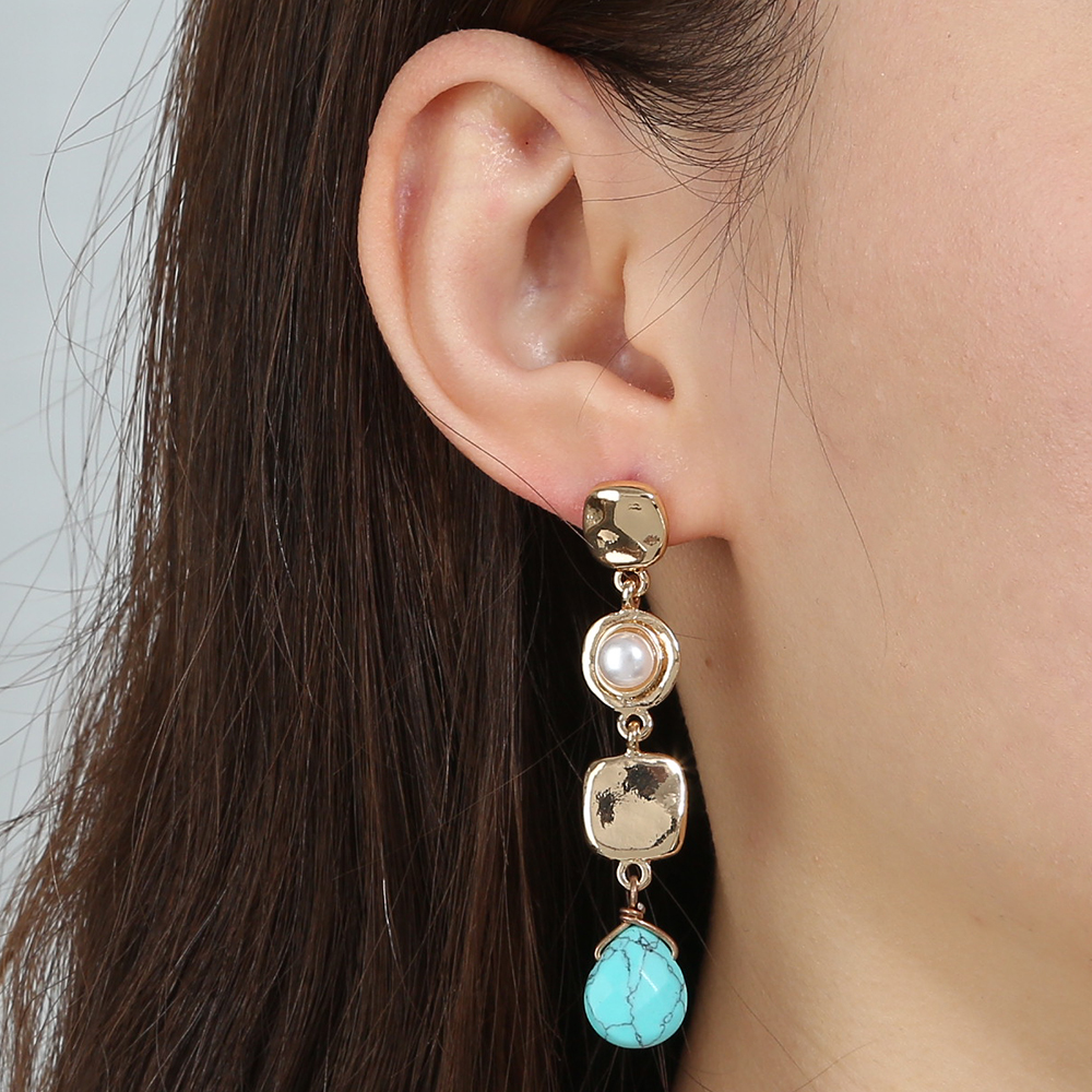 Rétro Nouvelle Mode Long Gland Carré Double Cercle Naturel Turquoise Alliage Gouttes Pour Les Oreilles Boucles D'oreilles display picture 2