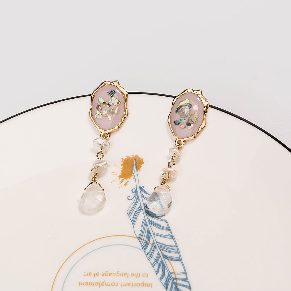 Fashion Creative Irregular Pink Painted Oil Natural Stone Tassel Alloy Earrings display picture 3