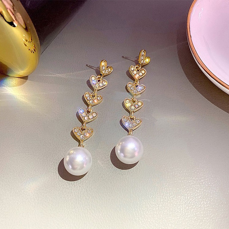 Women's Fashion Heart Shape Alloy Earrings Plating Inlay Rhinestone Pearl Drop Earrings display picture 5