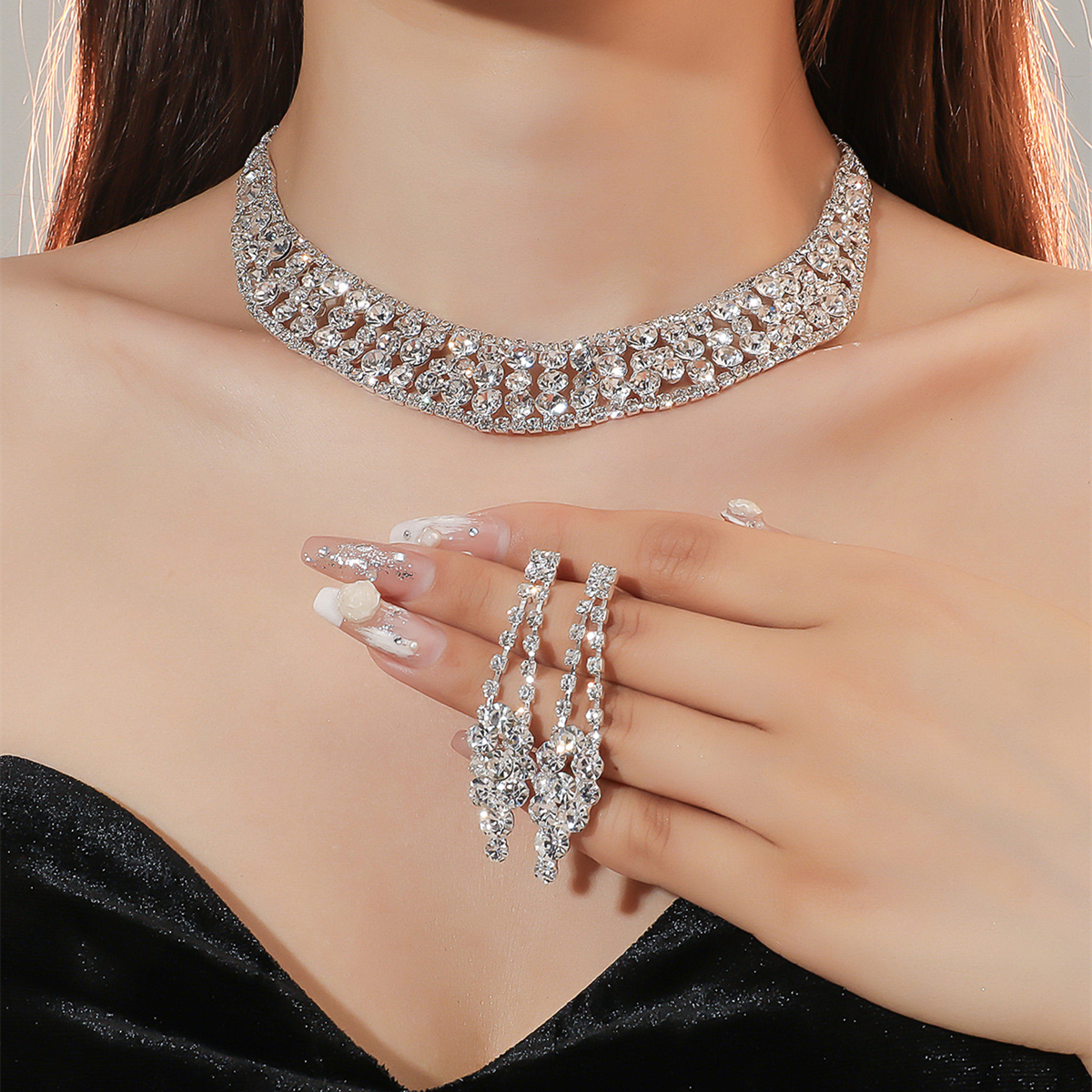 Women's Luxury Fashion Tassel Alloy Rhinestone Earrings Necklace Jewelry Set Plating Inlay Rhinestone Zircon display picture 1