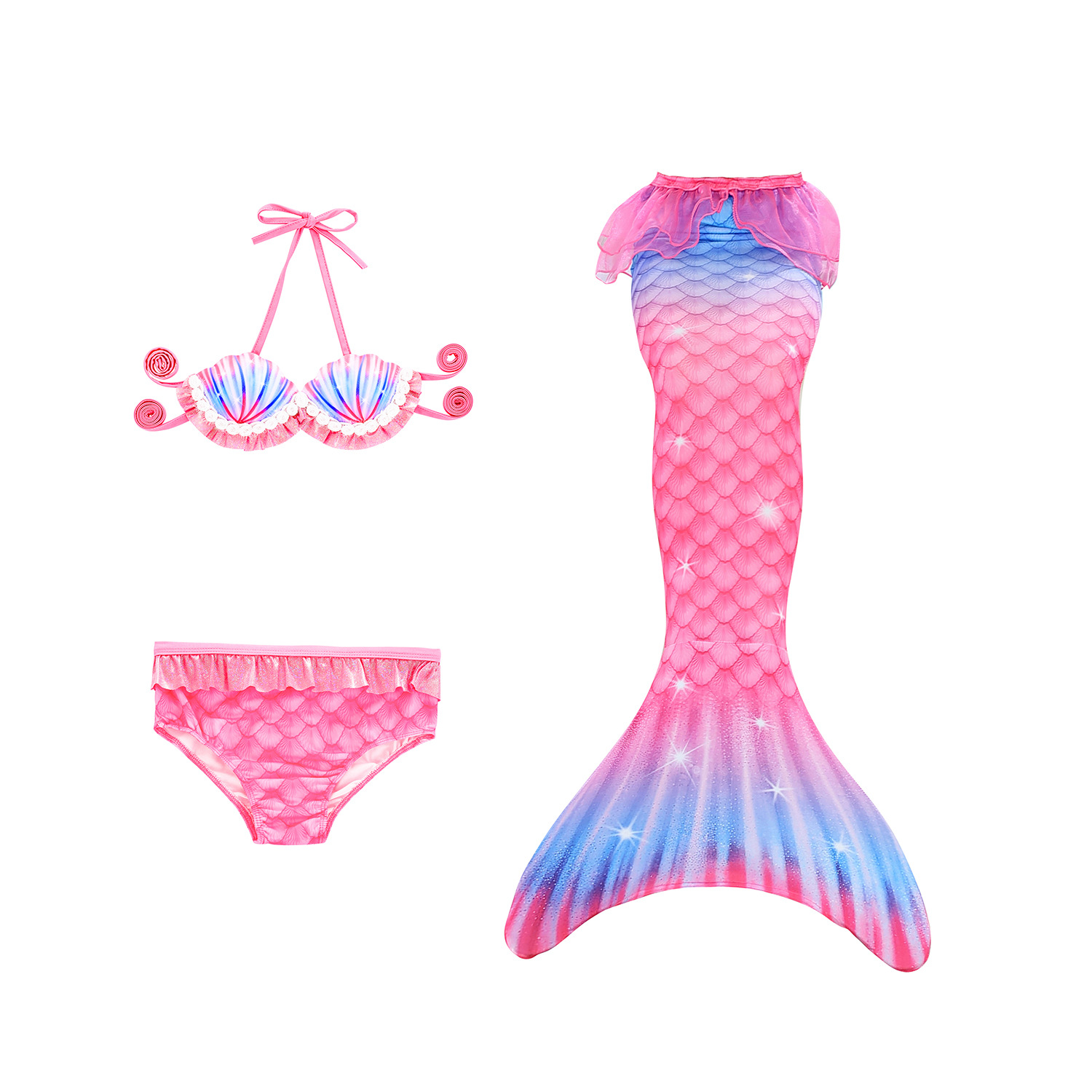 New Style Gradient Color Children's Mermaid Tail Swimsuit Three-piece Suit display picture 1