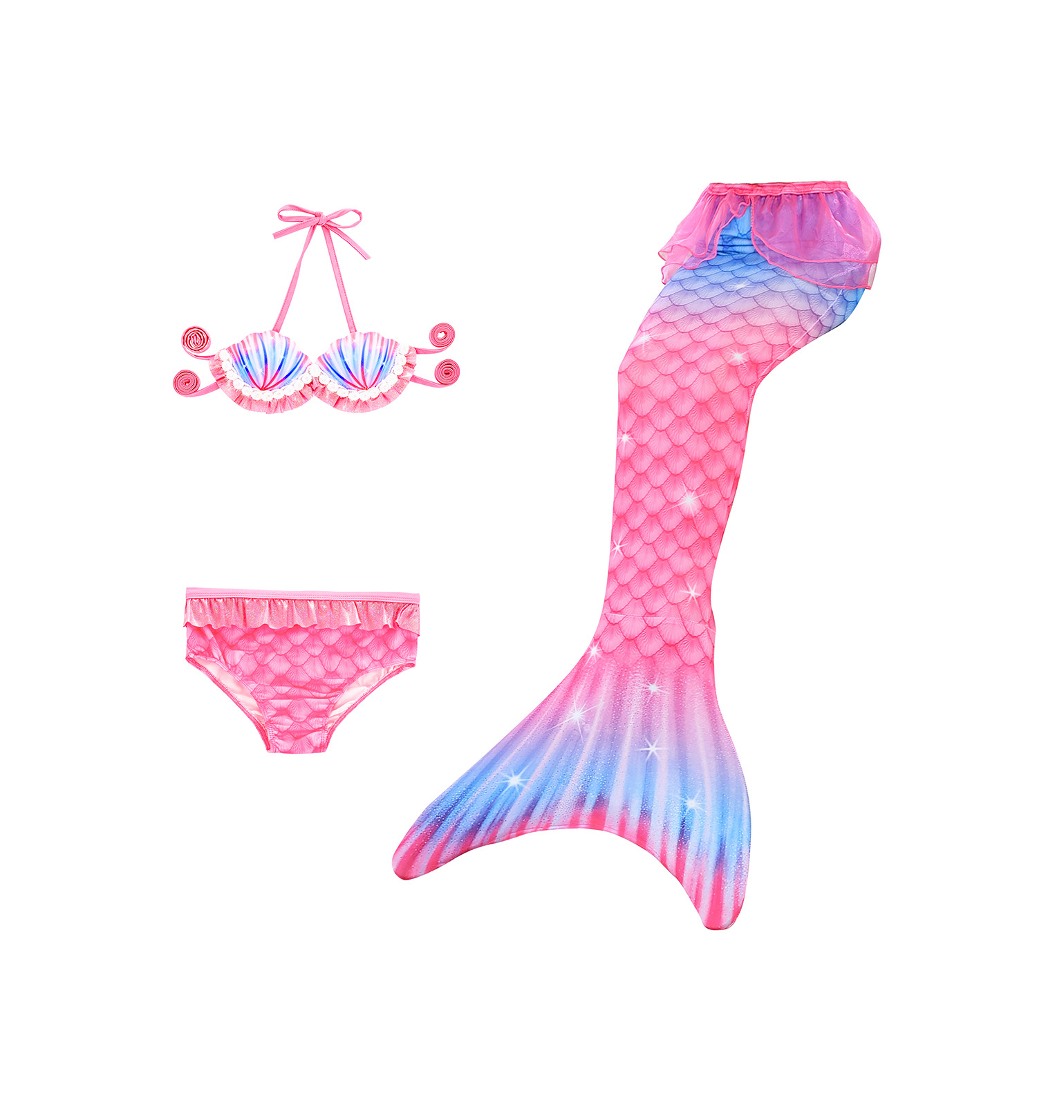 New Style Gradient Color Children's Mermaid Tail Swimsuit Three-piece Suit display picture 2