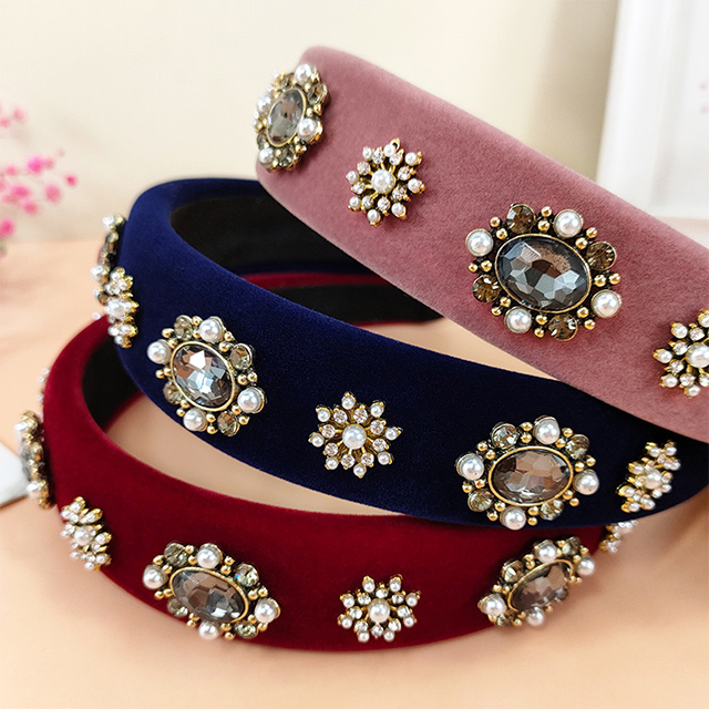 Mode Rétro Baroque Flocage Strass Perle Fleur Large Bord Bandeau Cheveux Accessoires display picture 1