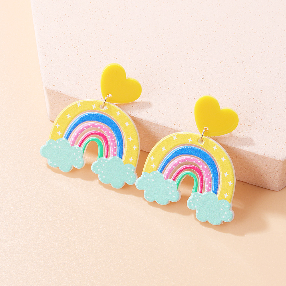 Women's Cute Fashion Rainbow Heart Arylic Earrings Printing Painted Drop Earrings display picture 3