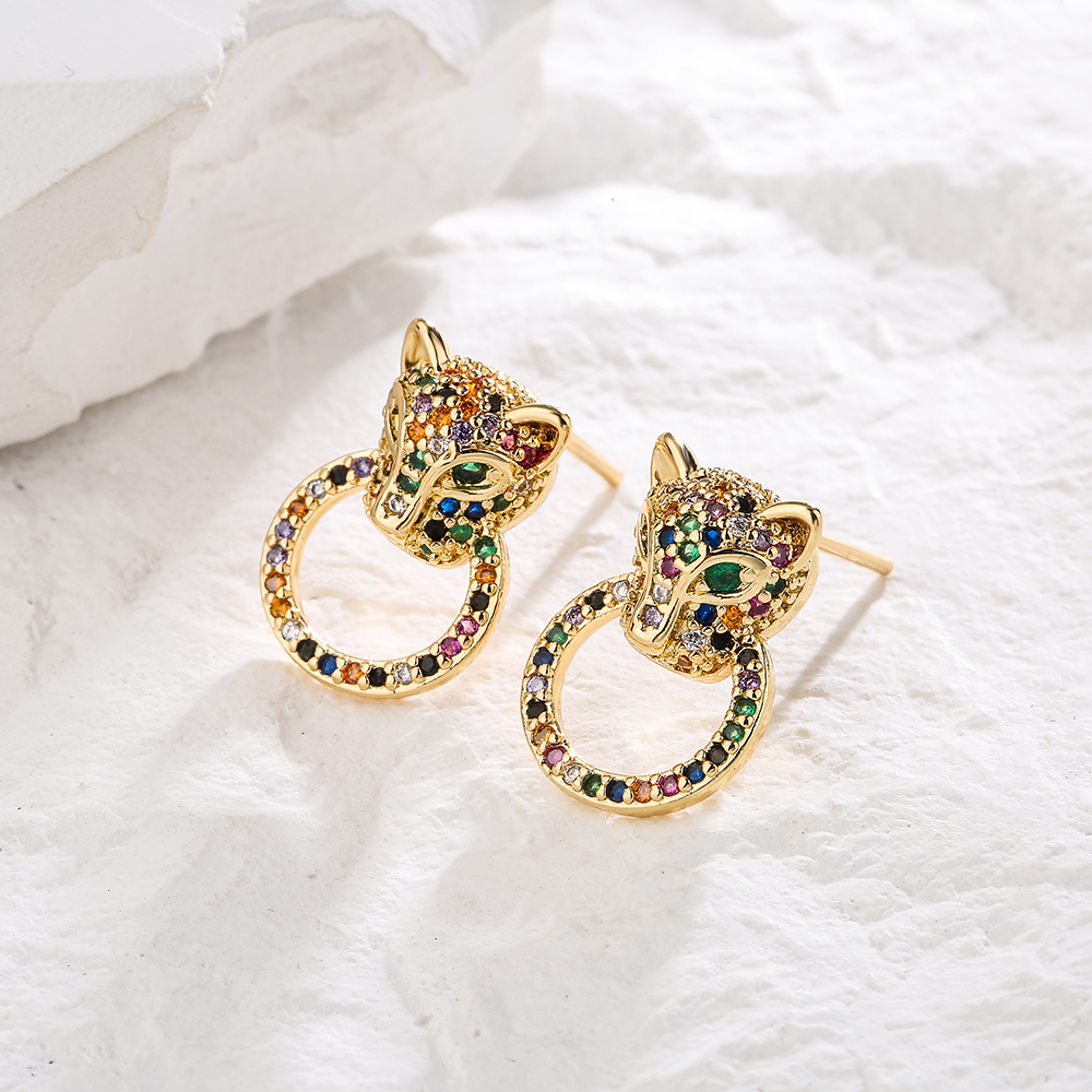 Fashion Leopard Head Inlaid Zircon Copper Earrings display picture 3