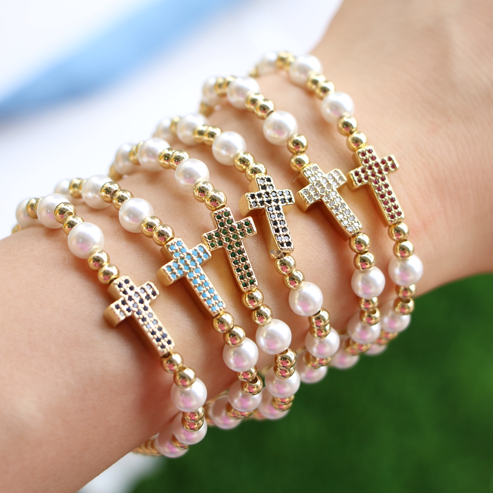 Fashion Cross Copper Beaded Pearl Bracelets 1 Piece display picture 1