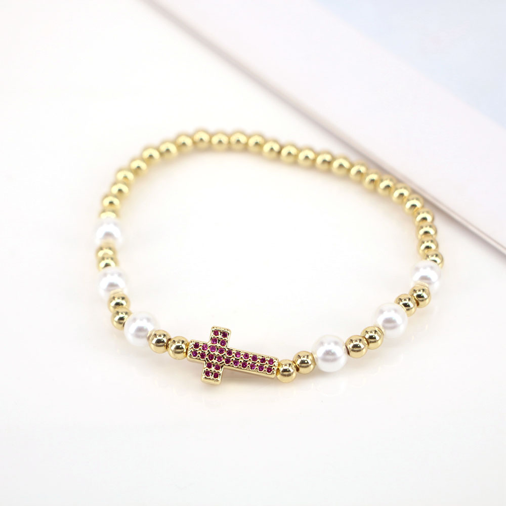 Fashion Cross Copper Beaded Pearl Bracelets 1 Piece display picture 3