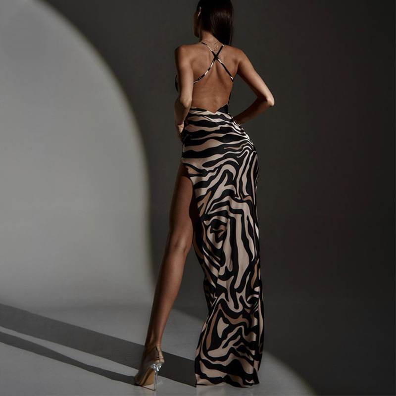 Fashion Cross Sling Backless High Slit Slim Low-cur Stitching Striped Print Lace Dress display picture 5