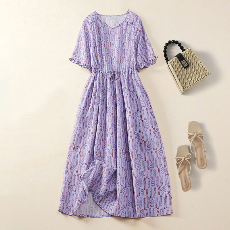 V-neck Drawstring Casual Cotton And Linen Printed Short Sleeved Dress display picture 5