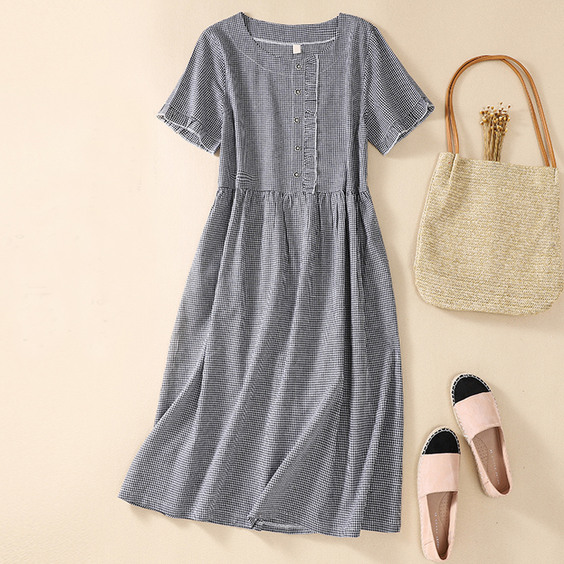 Cotton And Linen Casual Loose Round Neck Short Sleeve Button High Waist Plaid Dress display picture 5