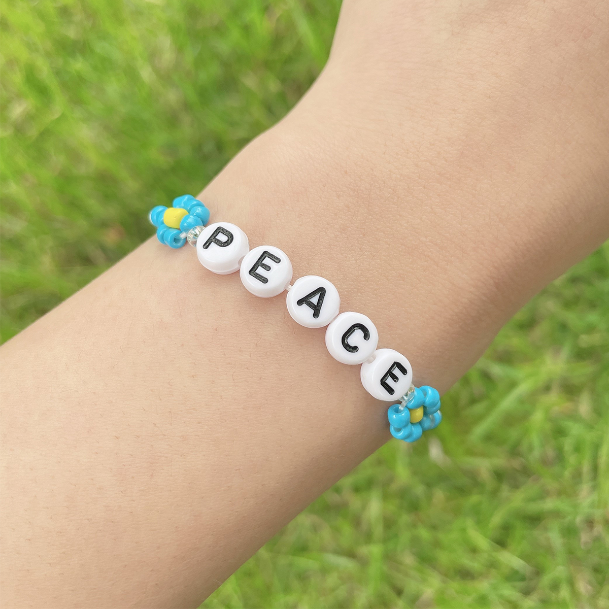 Neue Stil Sommer Blau Daisy Blume Brief Handgemachten Perlen Halskette Armband display picture 2