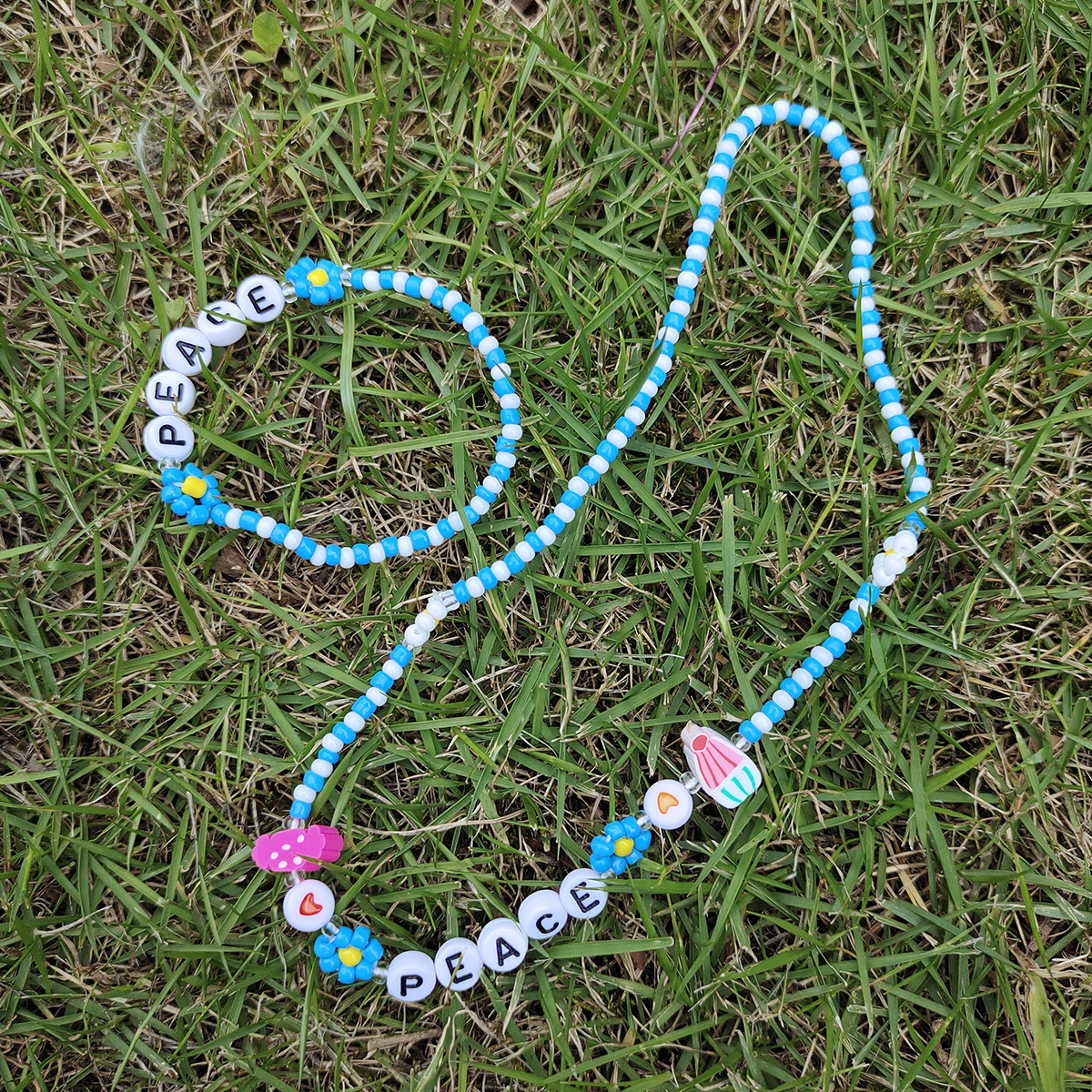 New Style Summer Blue Daisy Flower Letter Handmade Beaded Necklace Bracelet display picture 6