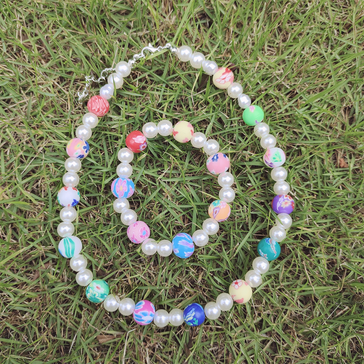 Summer Fashion Pearl Polymer Clay Contrast Color Necklace Bracelet C-shaped Earrings display picture 4