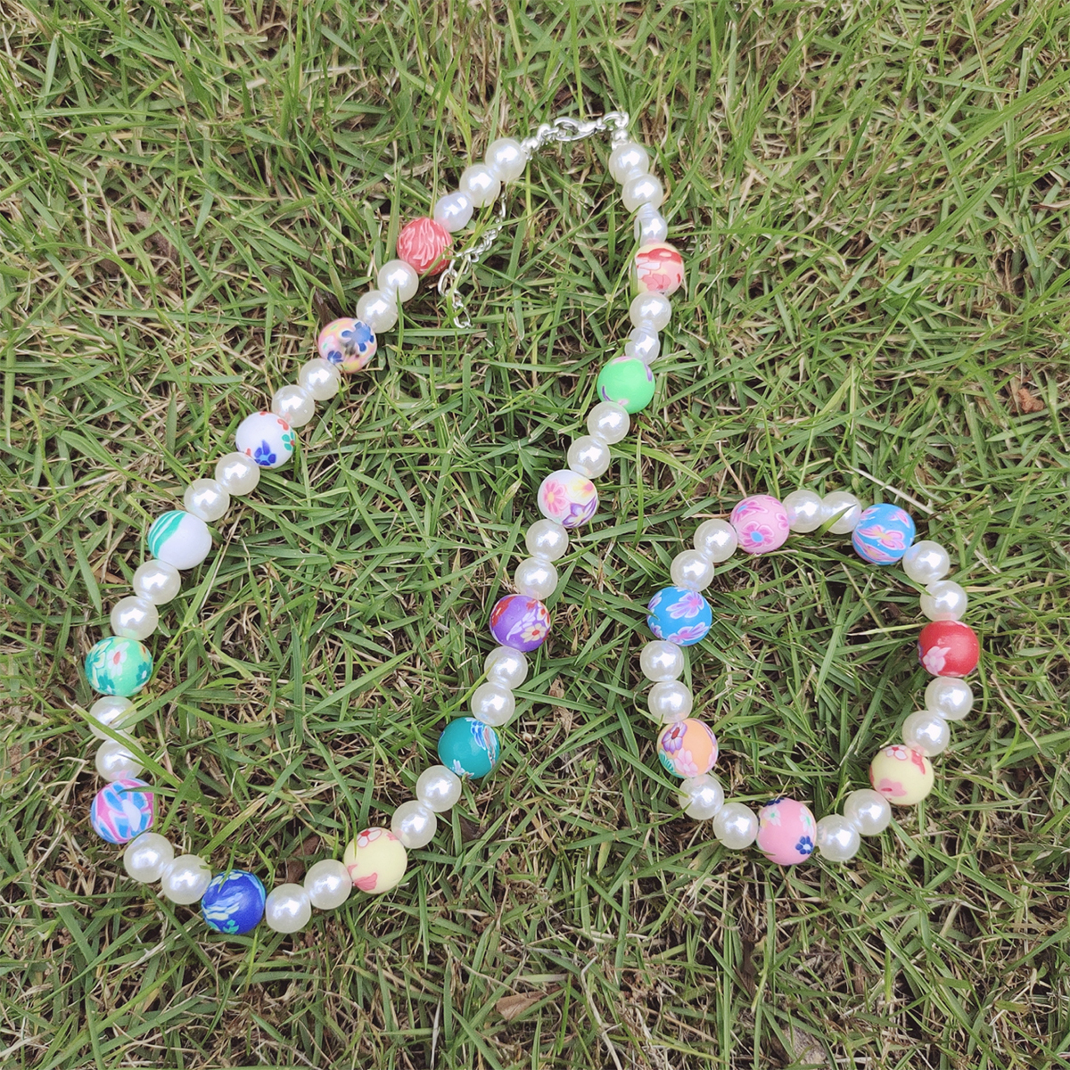 Summer Fashion Pearl Polymer Clay Contrast Color Necklace Bracelet C-shaped Earrings display picture 7