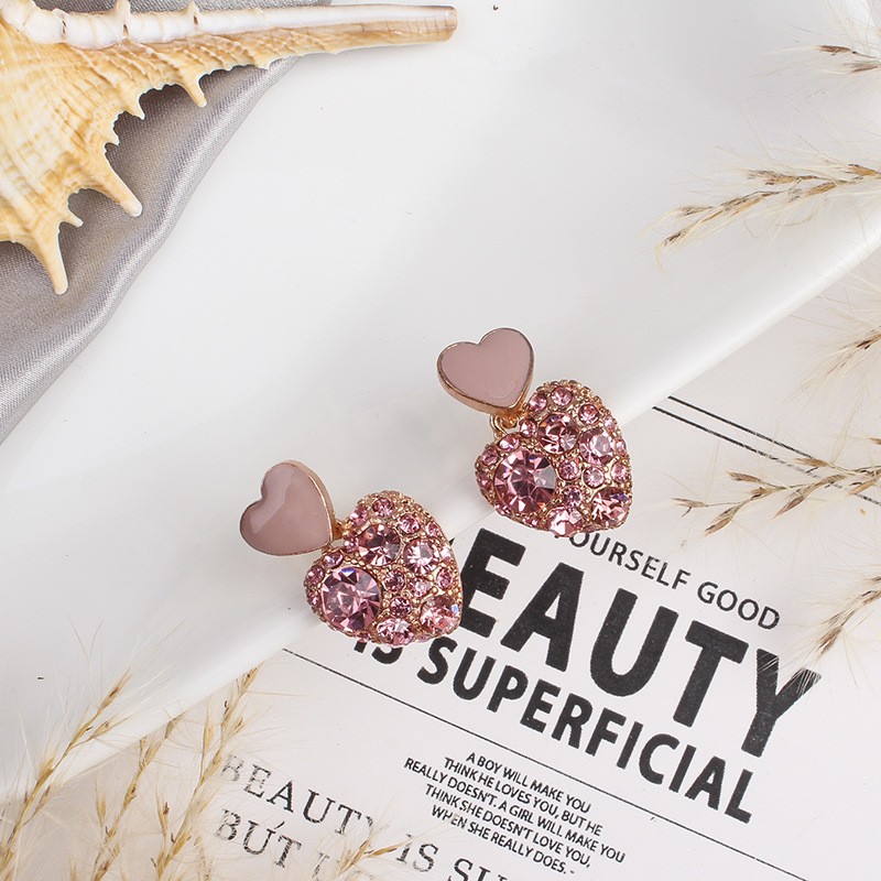 Mode Zarte Herz Geformte Volle Diamant Rosa Ohrringe Frauen display picture 1